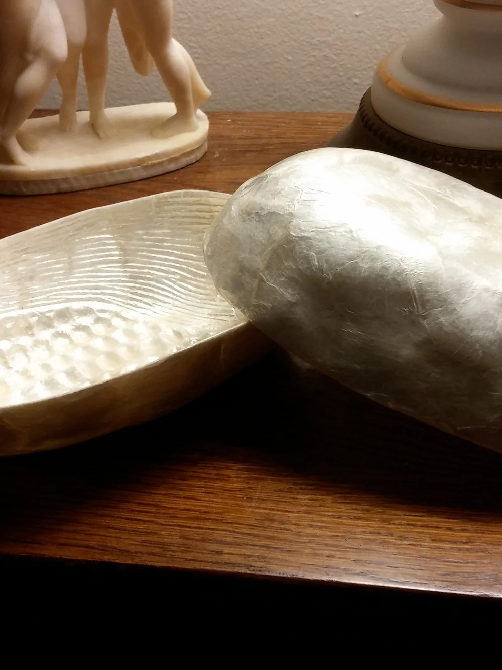 Antique Iridescent Nacre Oblong Bowls Intricate Corn Design Set of 2, 6 1/8